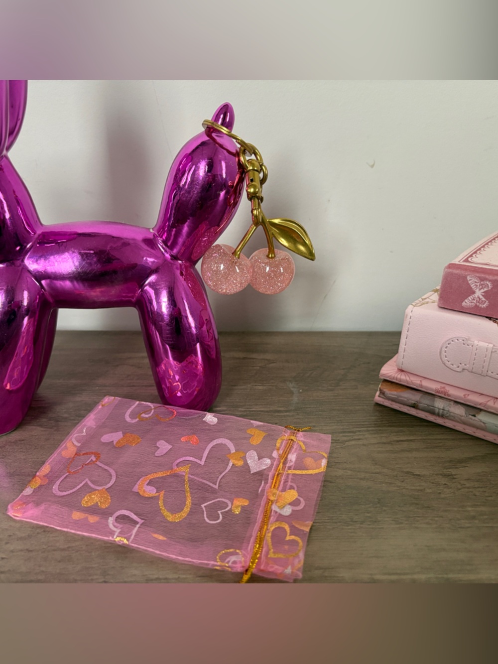 Pink Glitter Cherry Charm Keychain